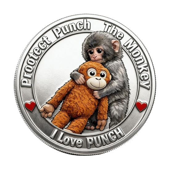 Cute Baby Monkey Challenge Coin Metal Monkey Holding Plush Toy Pocket Token 3D