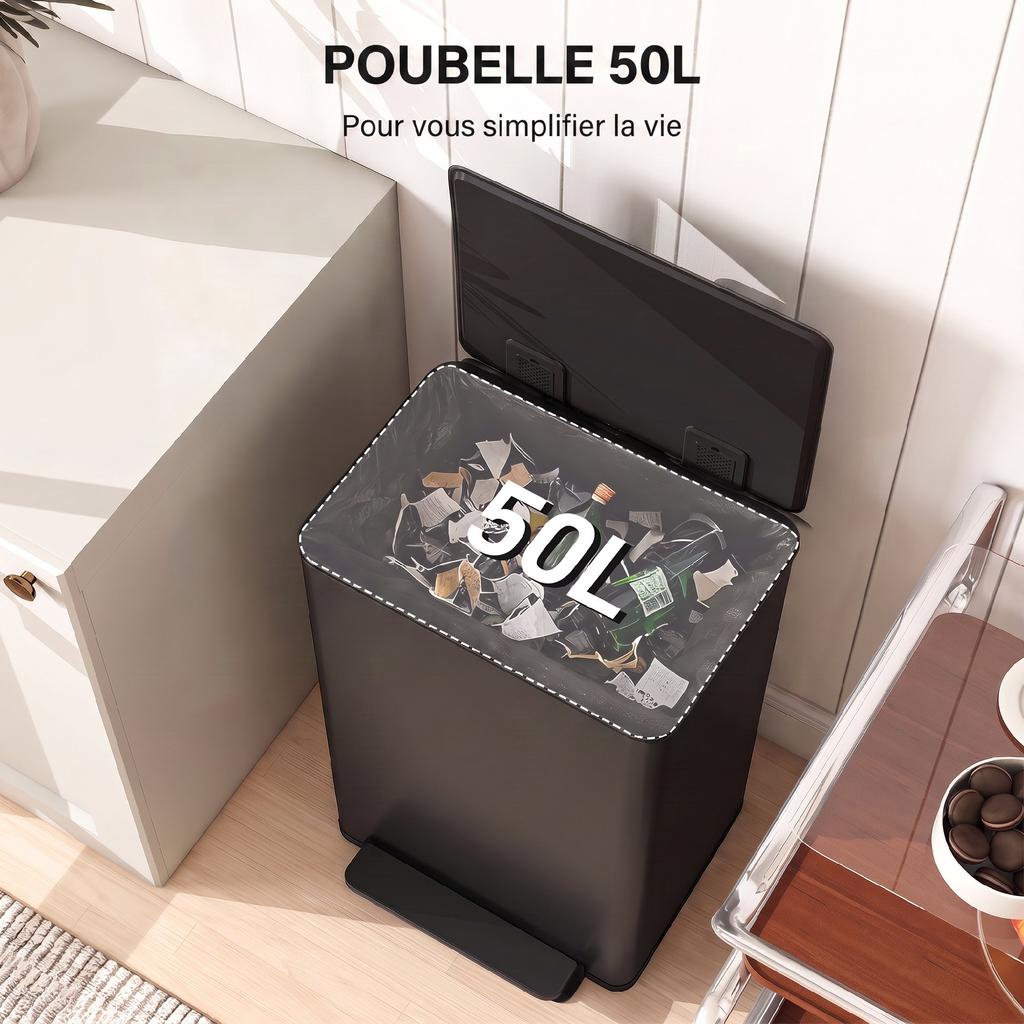 Kitchen Trash Can 50 Liters Pedal Bin Stainless Steel Black
