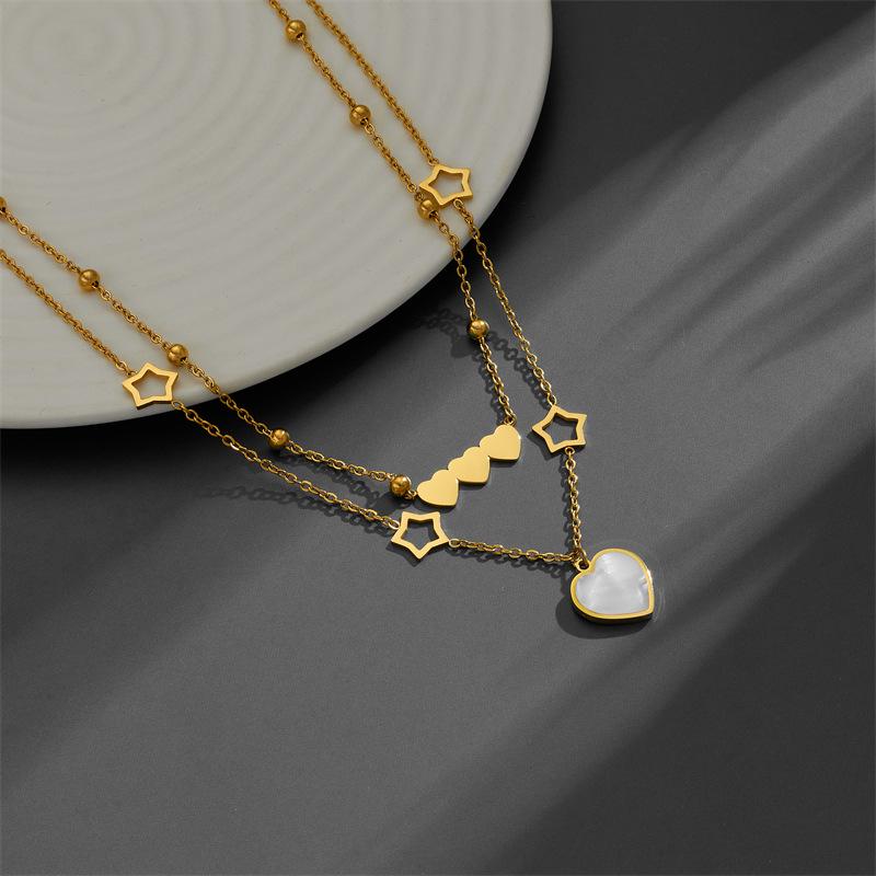 Titanium Steel Double Layer Necklace with Heart and Star Pendant for Women