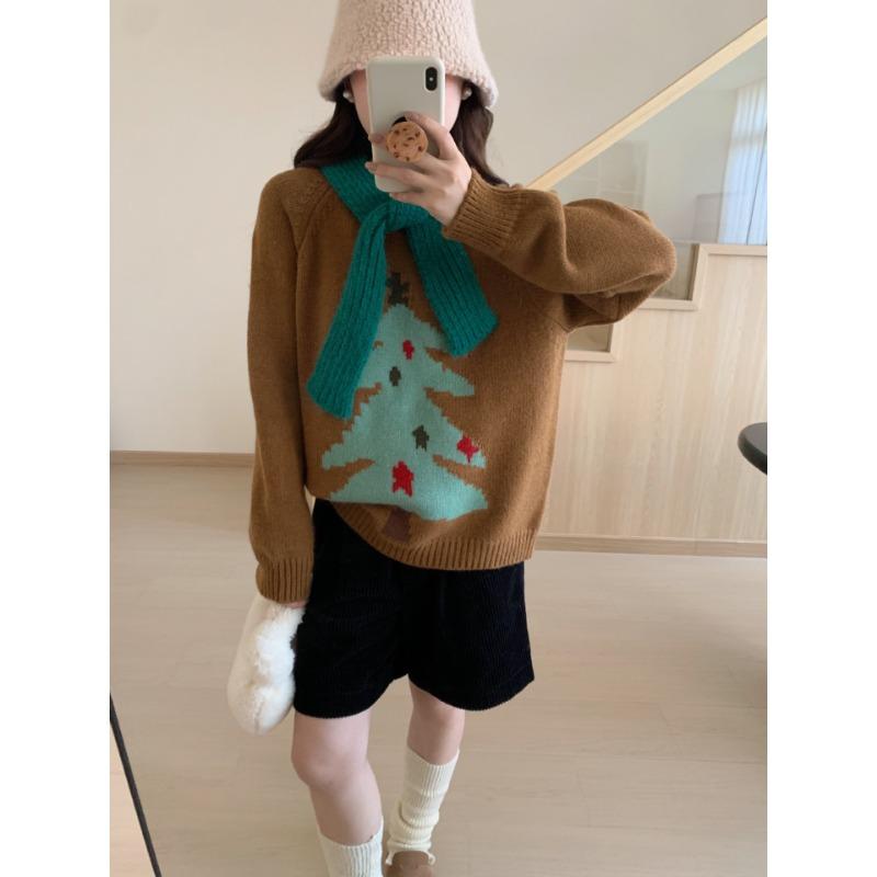 

Пуловер с круглым вырезом и красным рождественским деревом, женский осенне-зимний новый свободный и универсальный утолщенный вязаный свитер-топ One size