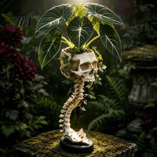 Unique Candy Dish Storage Gothic Skull Spine Planter, Resin Skeleton Planter Pot, Horror Halloween Indoor Outdoor Statue Flower Vase, Spooky
