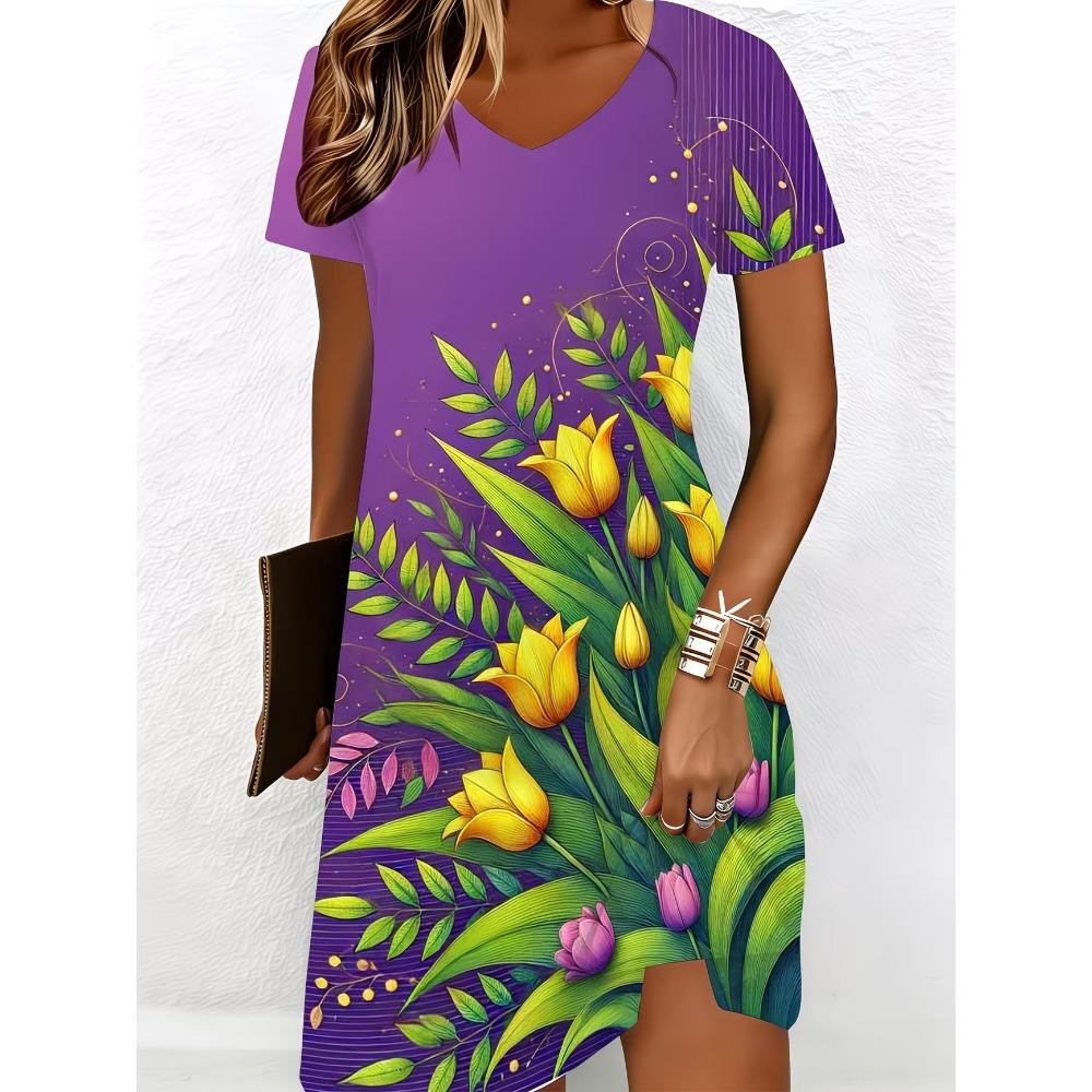Women's V-neck Short Sleeved Casual Printed Dress 3D Colorful Printed Mini Beach Party Dress