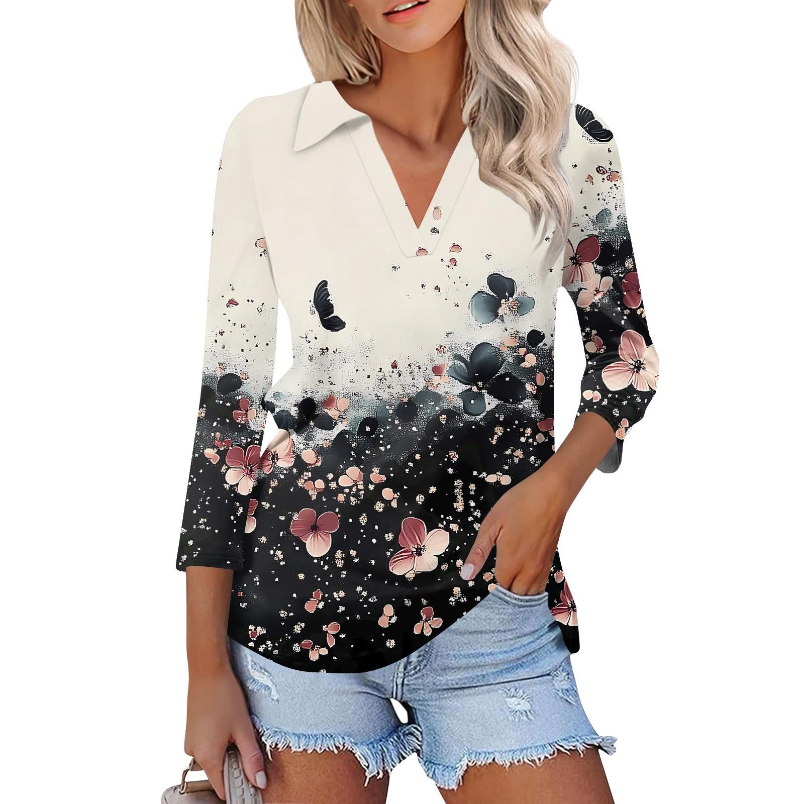 

Женская мода повседневная рубашка с лацканами и рукавом 3/4 с принтом, женские топы с V-образным вырезом L чёрный