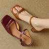 Square Head High-heeled Slippers Women's Summer Outer Wear 2025 Summer New Open-toed Thick Heel One-word Drag Soft Leather Soft-soled Sandals