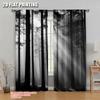 2pcs 2D Flat Printing Curtain Forest Trees Sunlight Black White Machine Washable Polyester Without Electricity Family Party Use