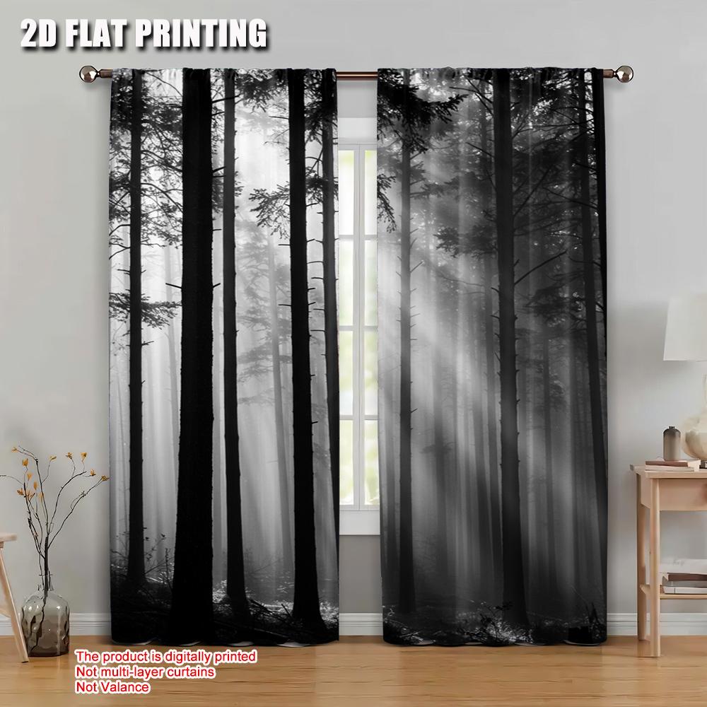 

Elegant Set Of 2 Flat Printing Curtain Forest Trees Sunlight Black White Polyester Without Electricity Family Party Use Machine Washable W100*H70(CM)-Rod Pocket&2PCS