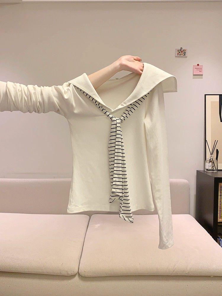 Korean Style Drop Shoulder Naval Collar Long Sleeve Top for Women, Slim Fit Flowy Ribbon Design, Perfect for Spring/Autumn.