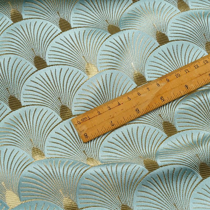 50x150cm Lesklá Zlatá Modrá Žakárová Látka ve Tvaru Vějíře List Ginkgo Tkaná Brokátová Látka Pro DIY Cheongsam Šaty Bundu