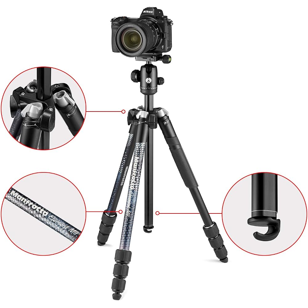 Manfrotto Element MII Aluminum Tripod, 4-Section, Black, 180° Folding, Twist Lock, Maximum Load Capacity UNI/PdR 105:2021 8 kg, DSLR Compatible, MKELM