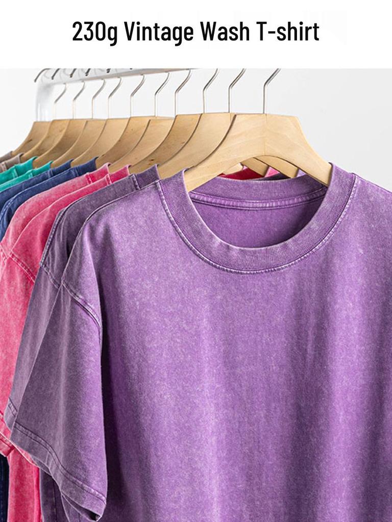 Vintage Distressed Snow Wash Drop Shoulder T-Shirt - US Size, 230G Pure Cotton, Short Sleeve Crew Neck