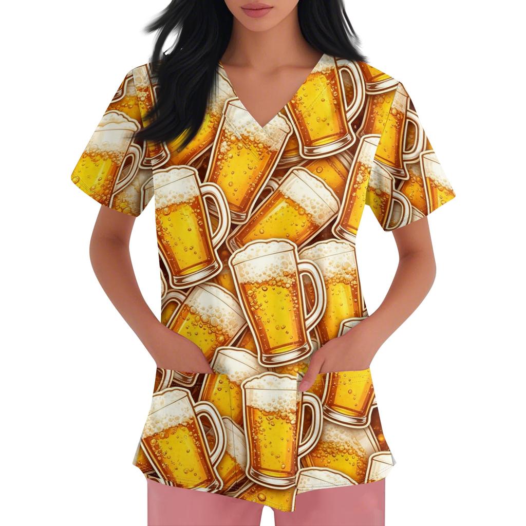 Womens V Neck Short Sleeve Work Shirt With Pockets Oktoberfest Beer Print Top Medical Scrub Style Uniform