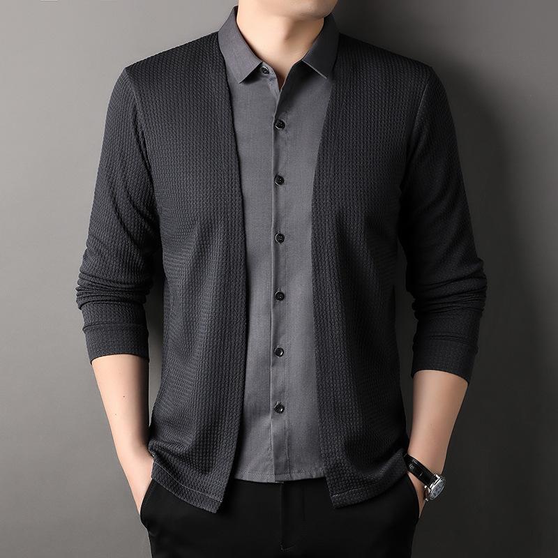 Autumn Solid Color Korean Style Men's Fake Two-piece Knitted Cardigan Long-sleeved T-shirt Versatile T-shirt Men's Clothing