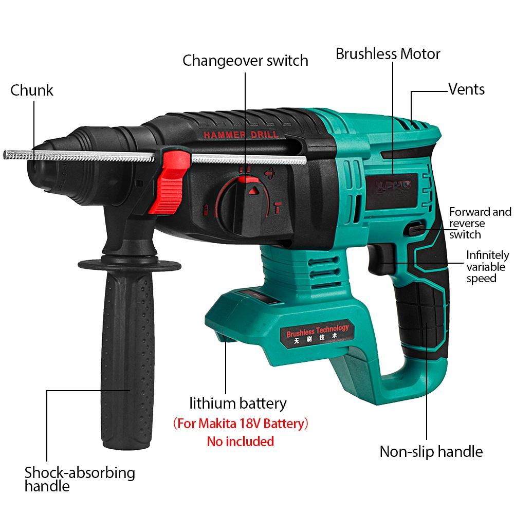 Rechargeable Electric Hammer Power Drill for 18V Battery Multifunction Cordless Brushless Electric Rotary Hammer