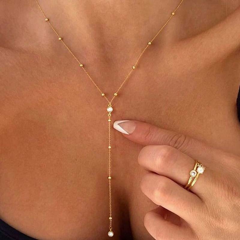 Fashion Gold Color Round Ball Tassel Necklace For Women Simple Crystal Long Y-shaped Thin Chain Necklace Zircon Gifts
