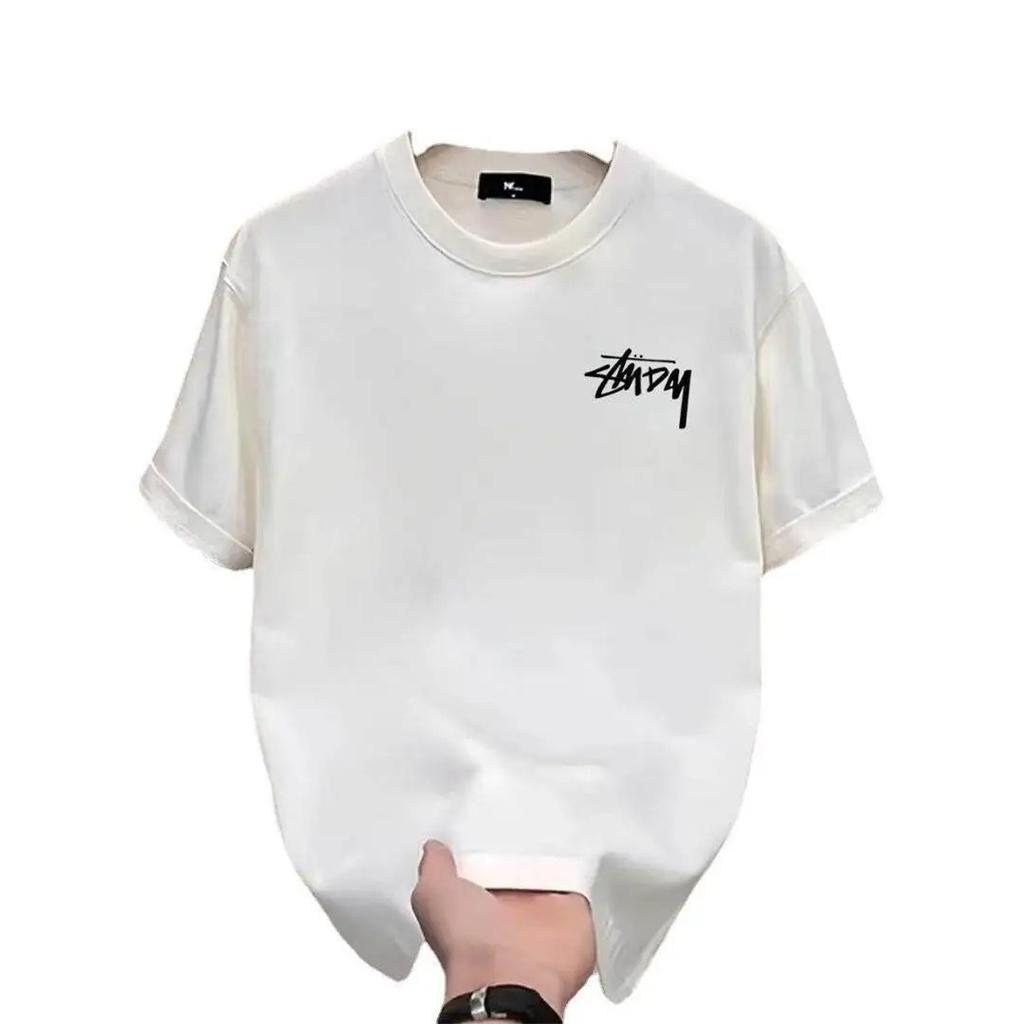 Nova Camiseta de Algodão Puro para Homens de Verão, Manga Curta, Estampada com Desenhos Animados da Moda, Manga Meia-manga, Gola Redonda, Solta, Tamanho Grande, Camada Base