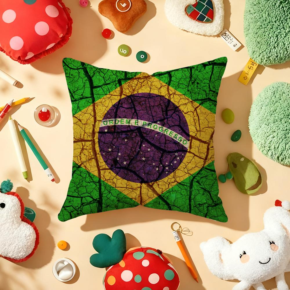 Brazil Flag Cushion Cover Plush Fabric Soft Double-Sided Printed Sofa Warm Winter Home Gift Pillow Cover