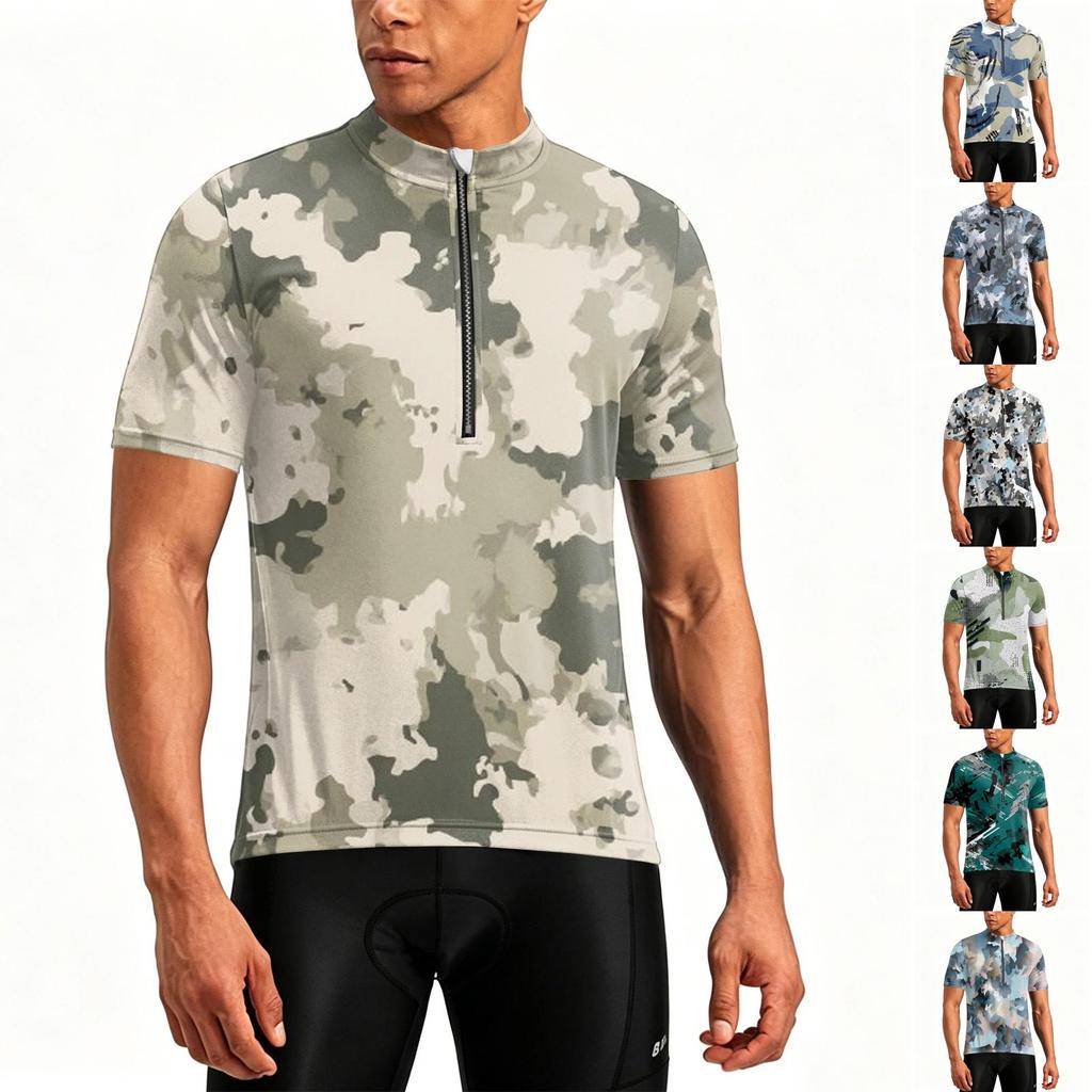 Men's Short Sleeve Cycling Jersey Breathable Quick Dry Half Zip Round Neck Printed Sports Shirt Lightweight Performance Top for Biking
