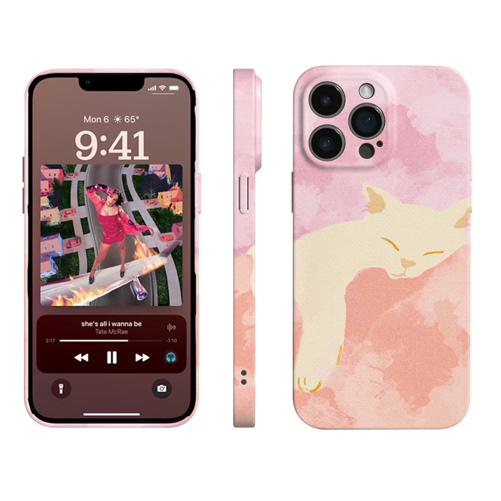 Pink oil painting cat iPhone case 13promax fine hole film case iphone17pro anti-drop protective case