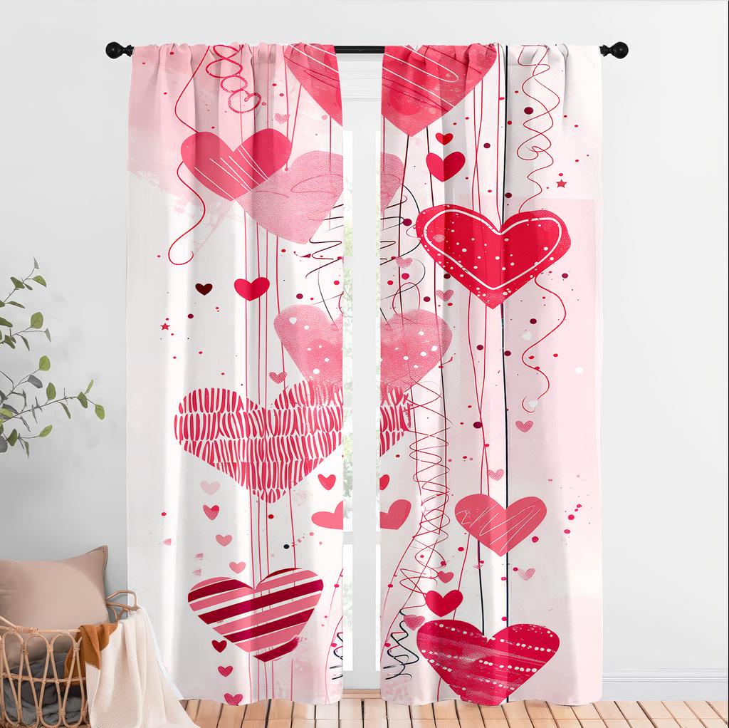 2PCS Pink Line Love Curtains   Gentle Valentine's Day   Bedroom and Living Room   Pull up Pocket Style