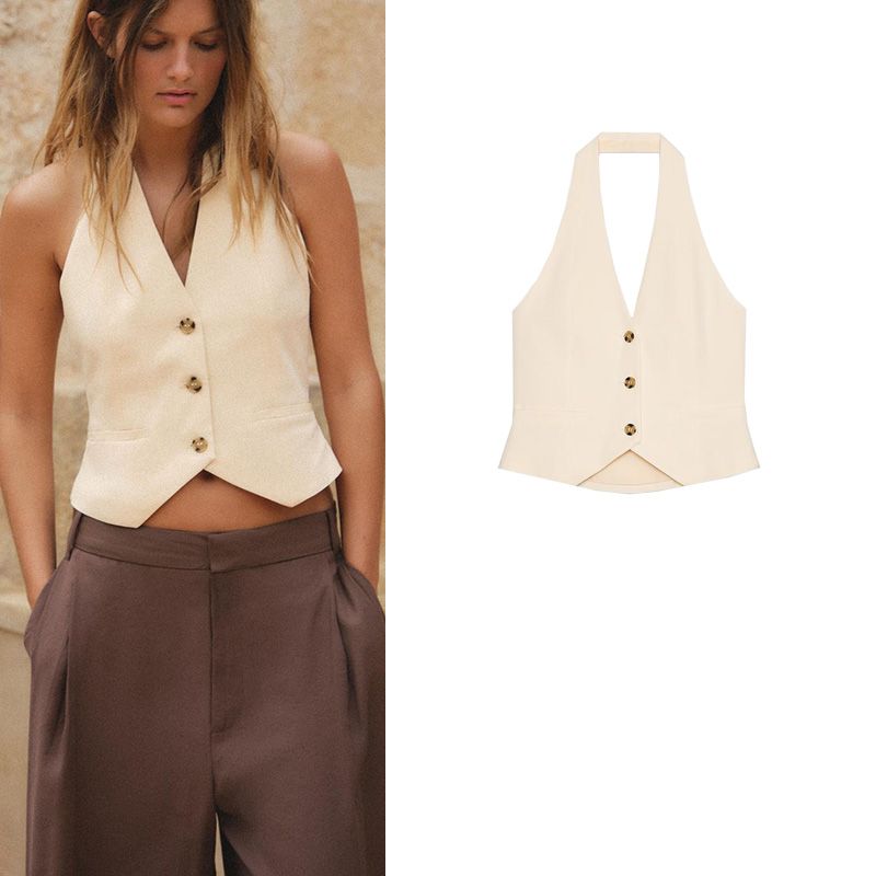 Summer New Product Women's Clothes Decorated Row Button Linen Blended Silm Elegant Hanging Collar Vest Jacket 2010842