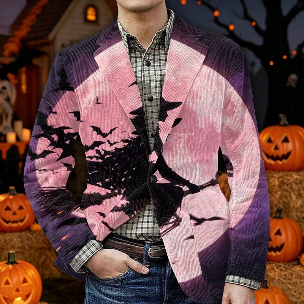 Men's Halloween Print Corduroy Warm Blazer Jacket with Pockets Casual Suit Coat Long Sleeve Button Front Outerwear for Fall
