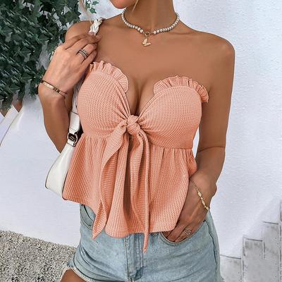 2025 Women's Sexy Chest Tie Waist Ruffle Ultra Short Paragraph Sleeveless Vest Basic T-shirts Cute Tank Top