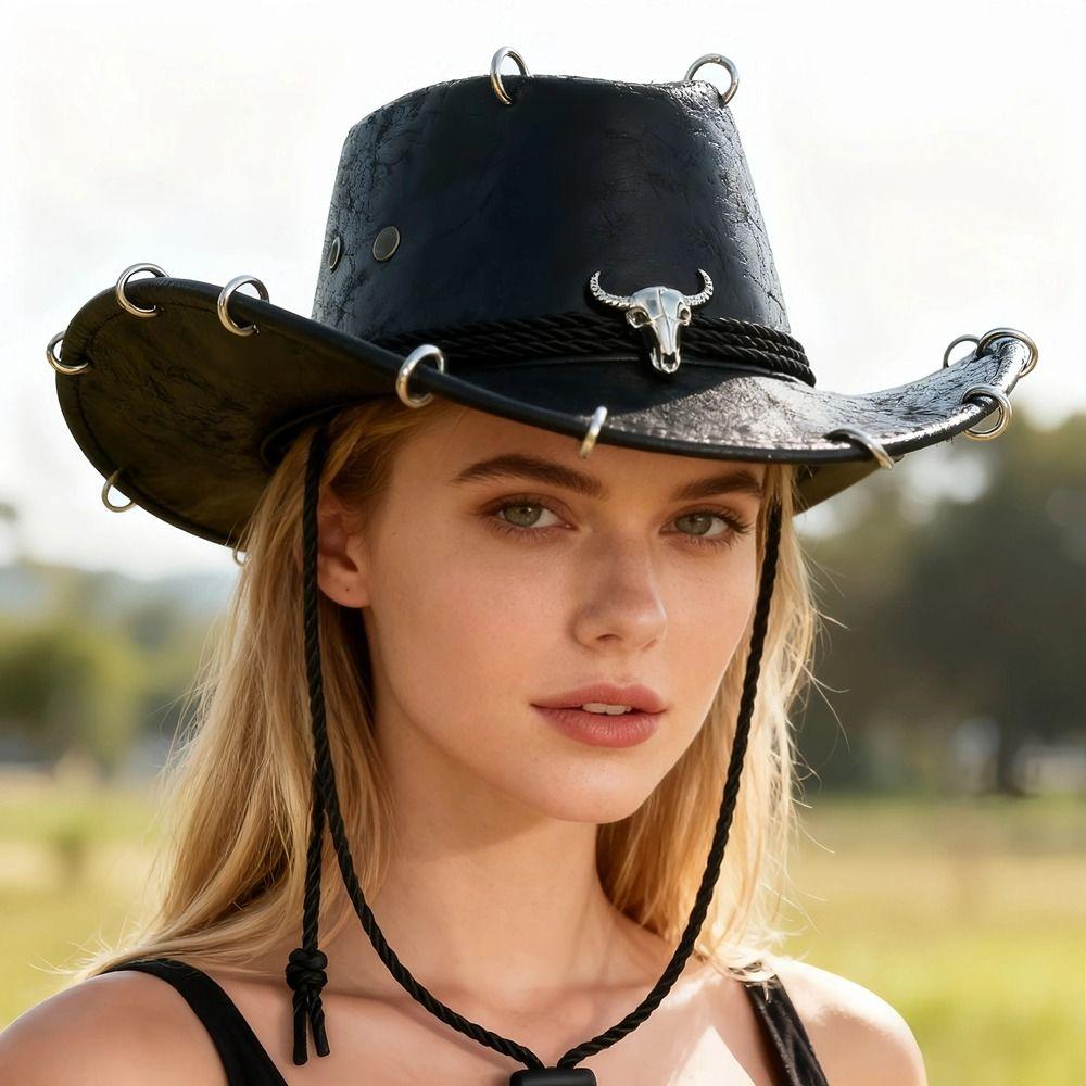 Pu Leather Western Cowboy Hat Wide Brim Cowgirl Cap Classic Panama Cap Men