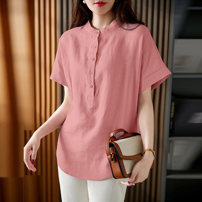 ZANZEA Womens Round Neck Solid Color Short Sleeve Cotton Blouse