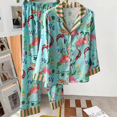 Flamingo Women Summer Spring Satin Silk Illustration Flower Sleepwear Thin Two Piece Set Pyjamas