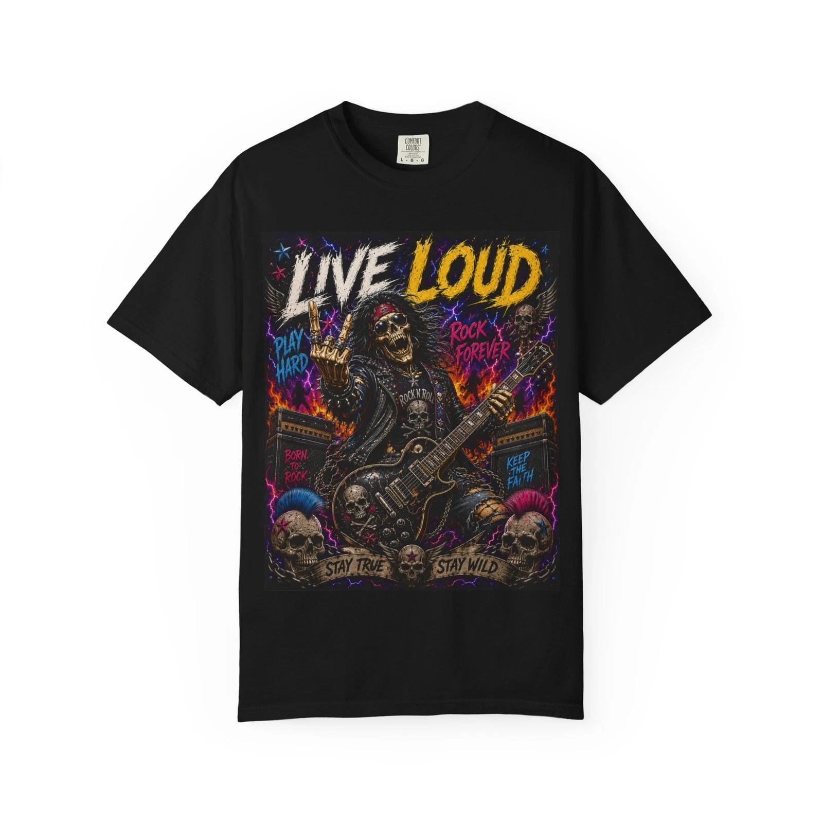 Live Loud Rock Guitar Skeleton T-shirt | Heavy Metal Concert Tee S
