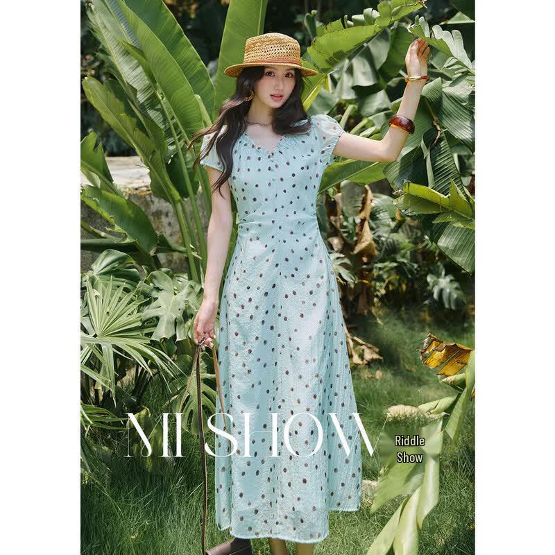 Mishow Retro Polka Dot Ruffle V-Neck French Dress L