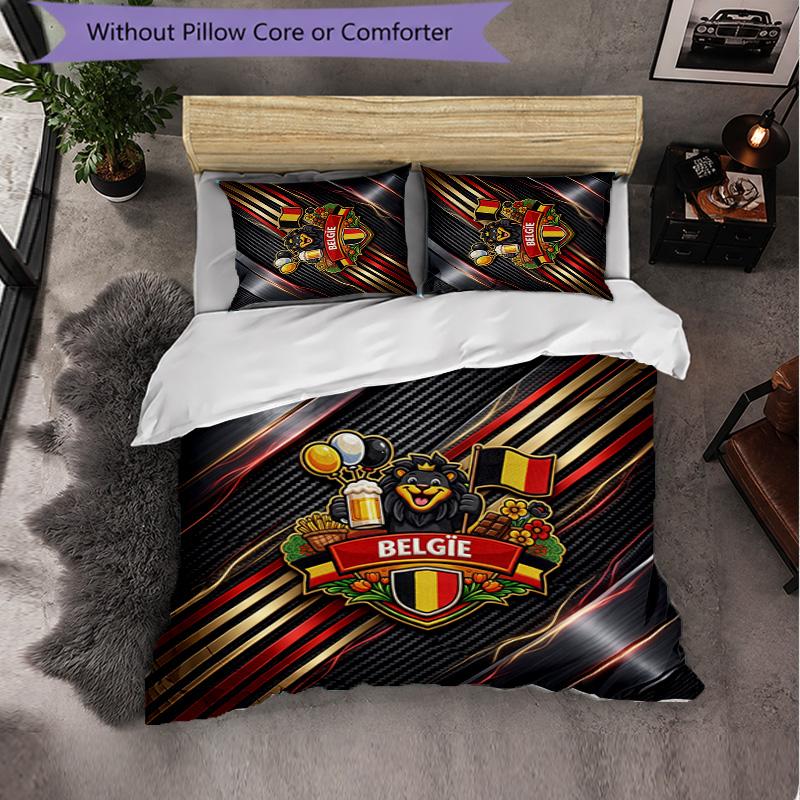 Belgium Football Pattern 3 Pieces Bedding Set Soft Microfiber Duvet Cover with Pillow Cases for Bedroom