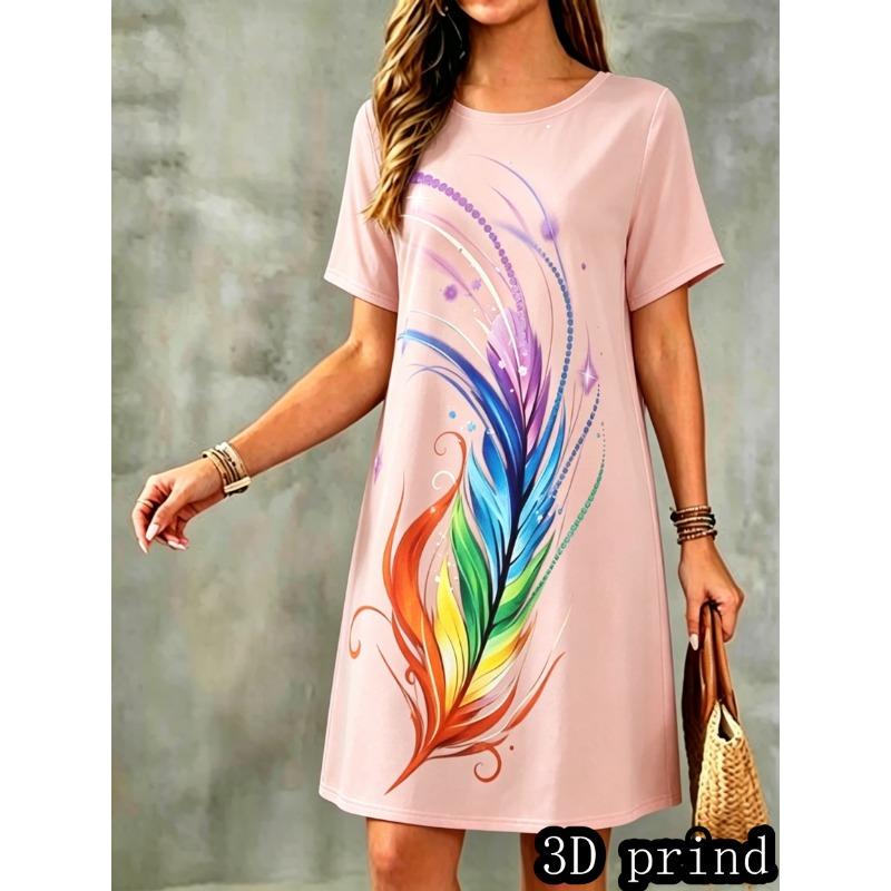 Plus Size, Women's Short Sleeve T-Shirt Dress - Abstract Geometric American Digital Print Dress | Round Neck Casual
