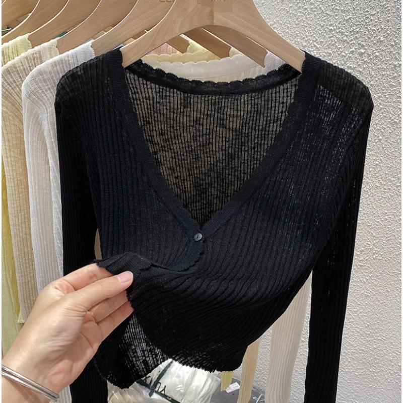 Knitted Cardigan Women's Summer Thin, Short Top, Air-conditioned Shirt, Shawl, Ice Silk Long-sleeved Sunscreen Jacket