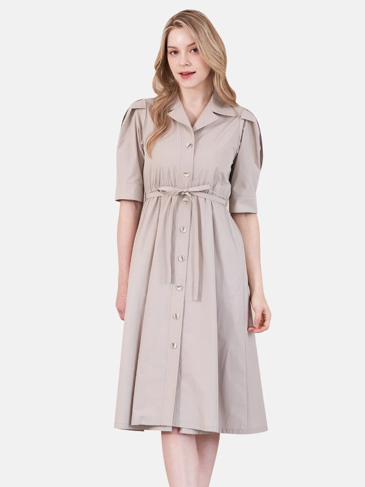 LBYL Beige Collared Banded Strap Shirt Long Dress