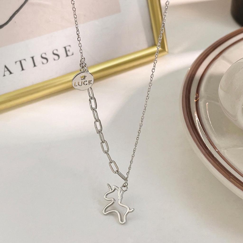 2022 Yinruitai S925 Sterling Silver Unicorn Necklace with Round Tag Letter Korean Clavicle Chain for Women