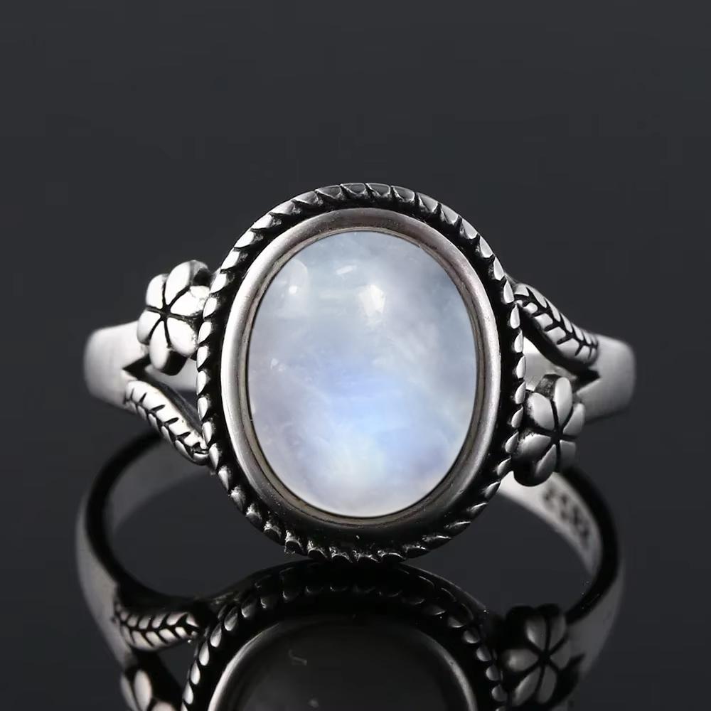 Vintage 925 Sterling Silver Natural Moonstone Rings Bohemia Oval Shape Retro Ring Gifts Fine Jewelry for Women Men