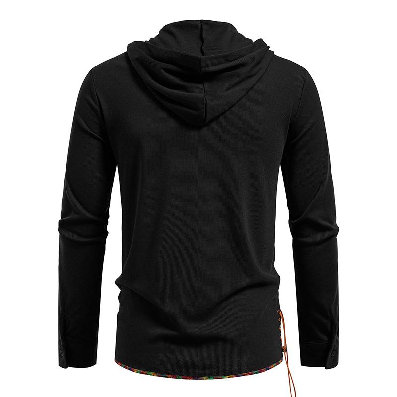 Men's Lace-Up Hooded T-Shirt Casual Retro Top for Men Spring Autumn Fashion Adjustable Sleeve Multi-Color Male Blouse