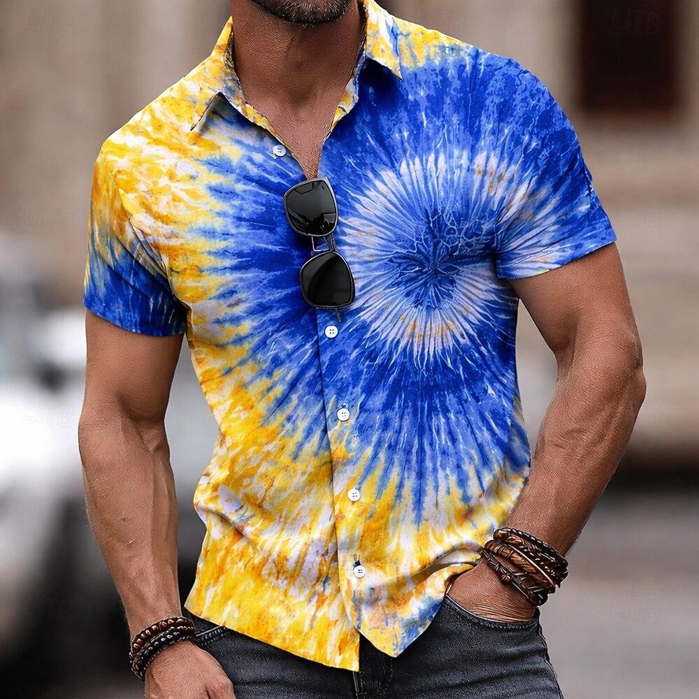 Men's 3D Print Hippie Tie Dye Shirt Turndown Collar Short Sleeve Button Up Casual Streetwear Blue Pink Red Purple for Summer