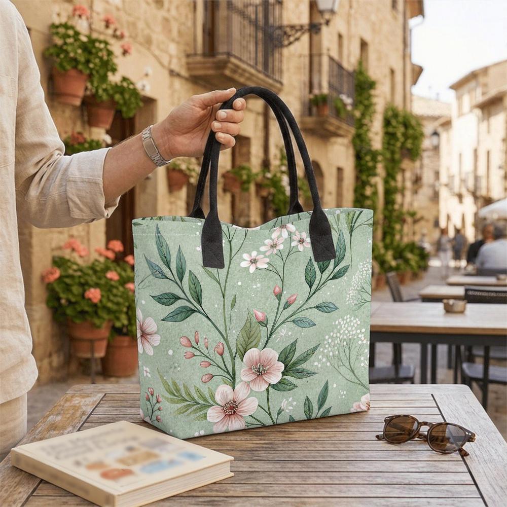Floral Canvas Tote Bag Casual Large Capacity Shoulder Handbag for Daily Shopping Travel