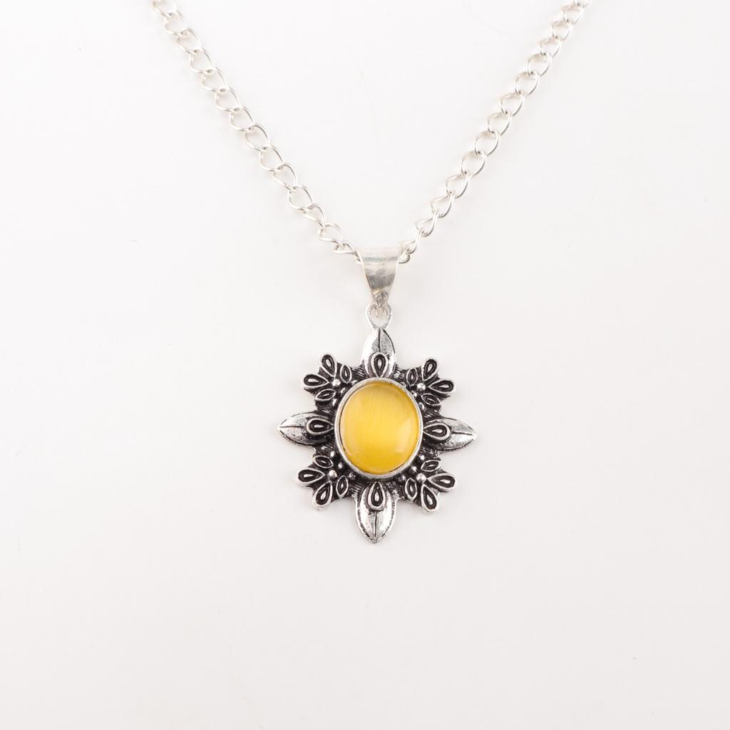 Yellow Cat's Eye Gemstone 925 Sterling Silver Jewelry Handcrafted Pendant 1.62" CP-12-46
