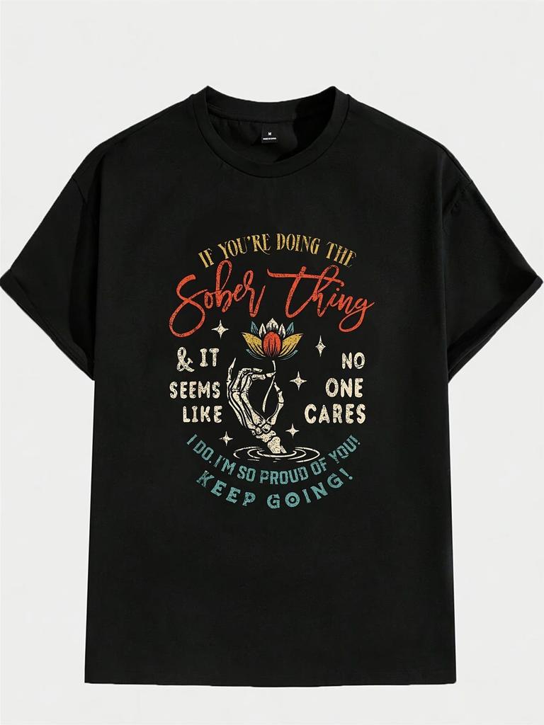 Vintage Sobriety Recovery Graphic Tee | Black with Orange Flames, Heavyweight 100%, Crew Neck, Short Sleeve, Casual Style, Machine Washable, Breathabl