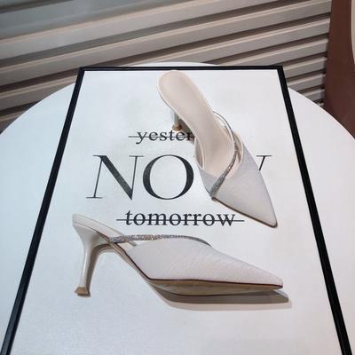 Outer Wear Temperament Baotou Half-drag Celebrity Little Fresh Girl Rhinestone Pointed Thin Heel High Heel Cool Slippers