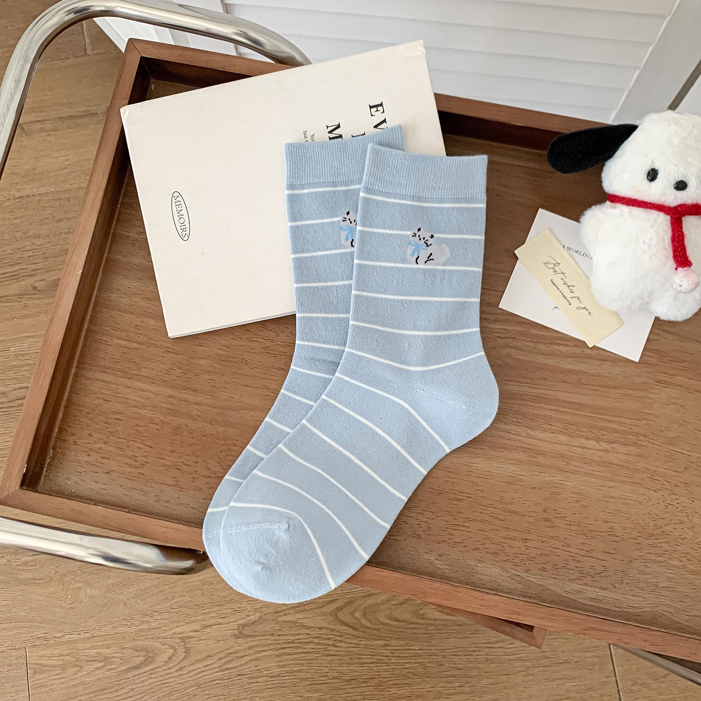 

Женские бесшовные гольфы до середины голени из хлопка с мультяшным котенком и флоковым рисунком - Модные, милые, полосатые, для осени/зимы One Size синий