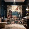 1PC Japanese Mount Fuji Cherry Blossom Pagoda Shower Curtain, Waterproof Bathroom Partition Privacy Hanging Curtain