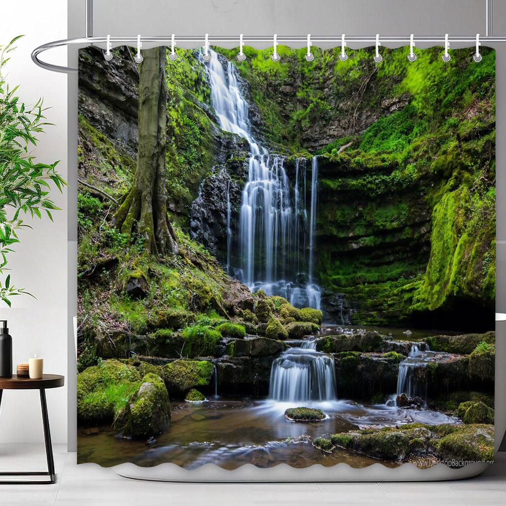 Waldwasserfall Duschvorhang Außen Naturlandschaft Üppige Wälder Grüne Pflanzen Blumig Polyester Duschvorhänge Badezimmer Dekoration