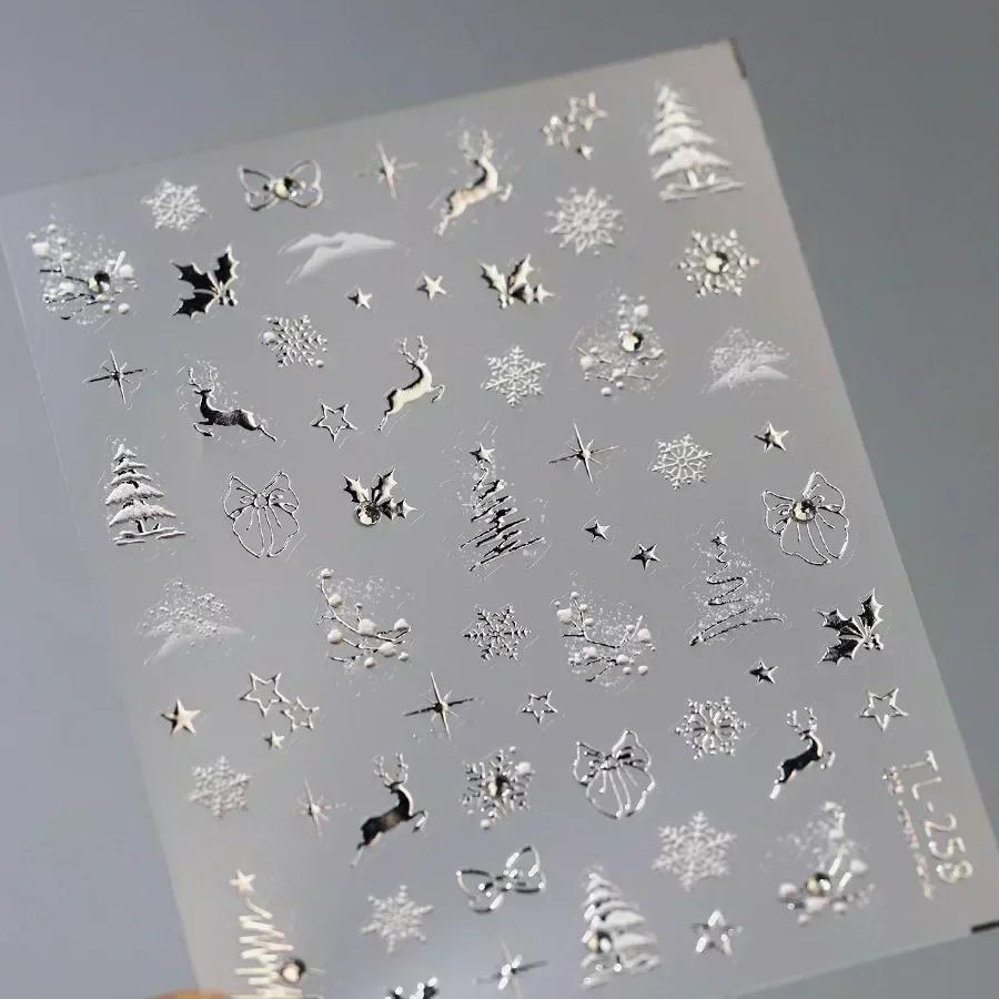 Gold Stamped White Christmas Tree Snowflake 3D Self Adhesive Nail Art Stickers Santa Claus Elk Xmas Cartoon Cute Manicure Decals