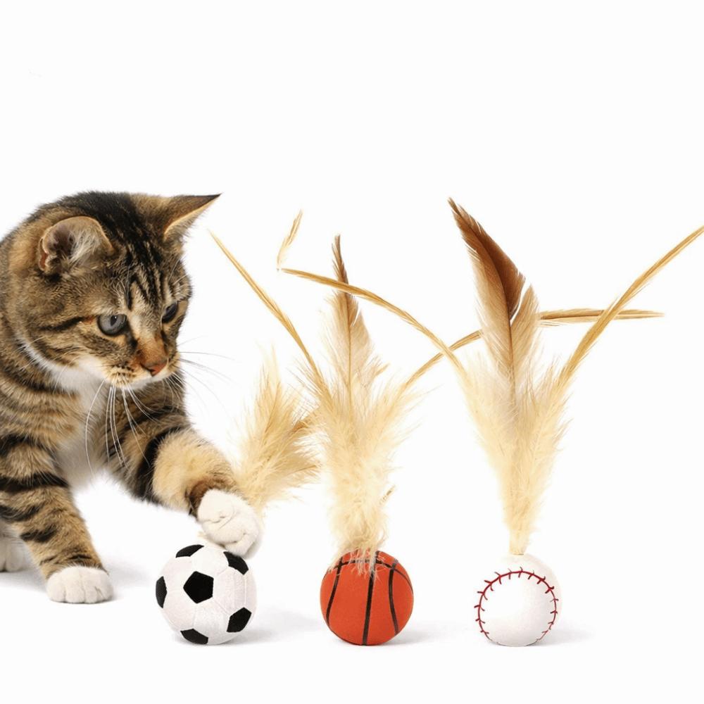3Pcs Solid Biting Cat Interactive Ball Toy Chewing Resistant with Feathers Cat Toy Bouncing Balls Elastic Interactive Play