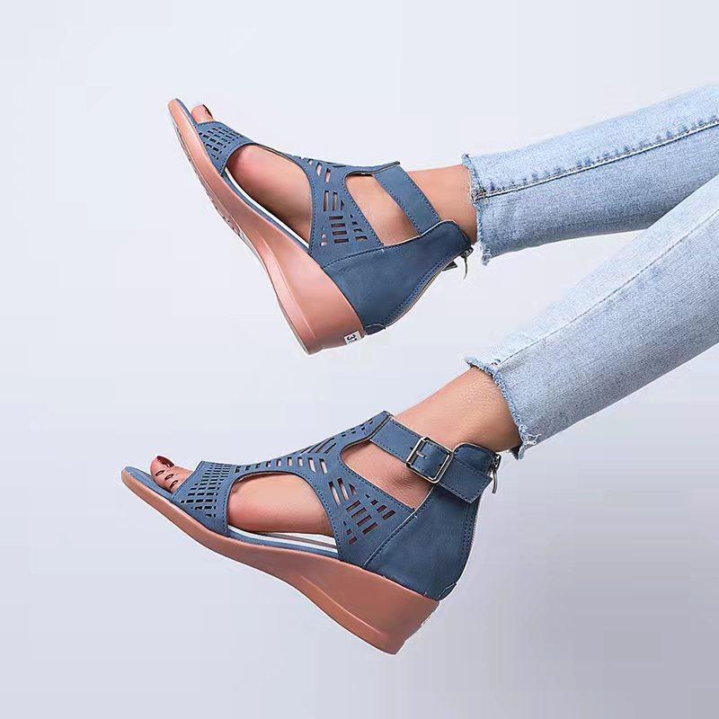 Wish Amazon Europe and the United States new summer hollow carved wedge heel fish mouth sandals large size buckle Roman sandals women