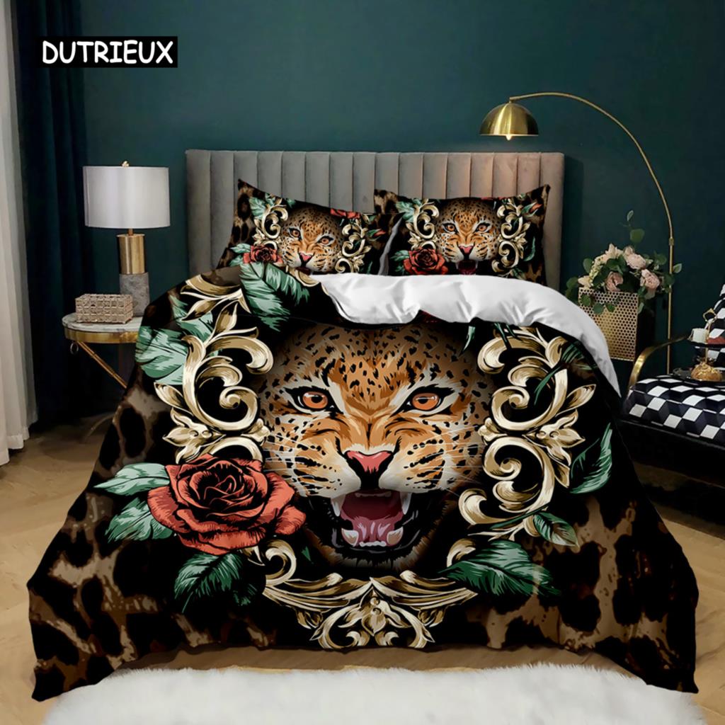 Tiger Duvet Cover Set Red Rose Flower Comforter Cover Boys African Safari Wild Animals Big Cat Queen King Polyester Qulit Cover